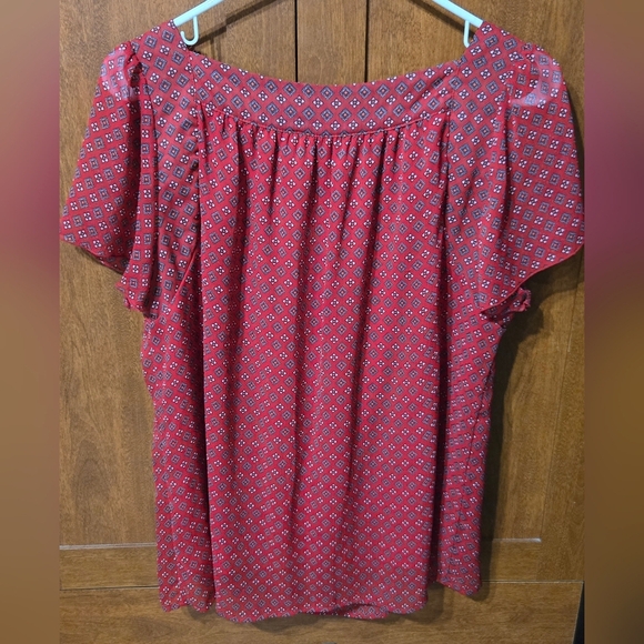 New Directions Dark Red Smocked Puff Sleeve Blouse - Picture 2 of 6